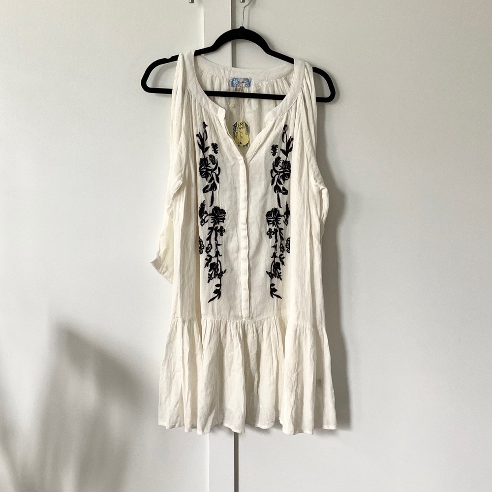 Embroidered cold shoulder drop waist dress